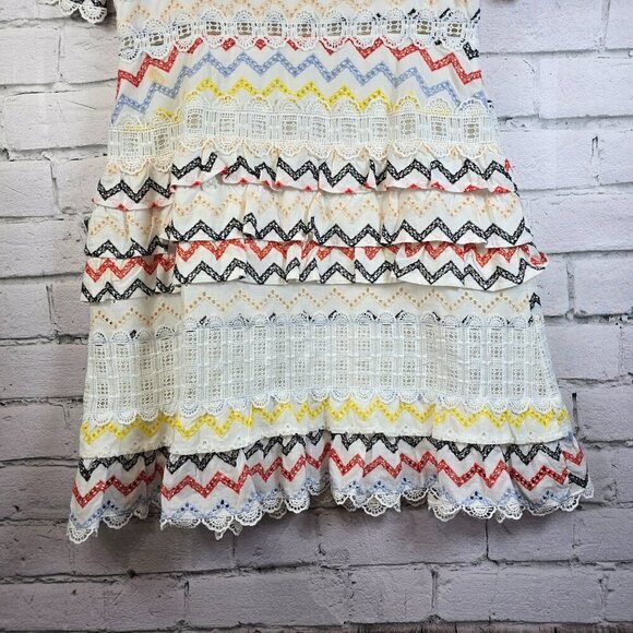 ANTHROPOLOGIE ALLISON NEW YORK DRESS MULTI CHEVRON EYELET LACE RUFFLES TIERED M - Picture 2 of 9